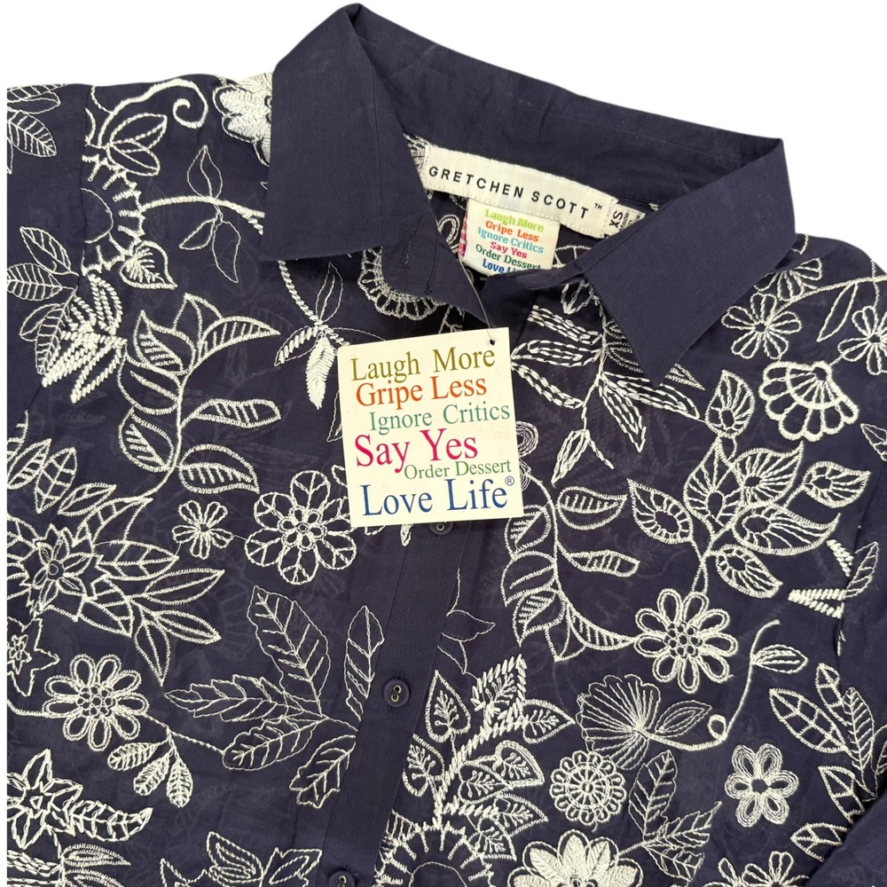 Gretchen‎ Scott NWT Botanical Garden Top Navy Embroidered 3/4 Sleeve Shirt XS